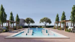 rendering of a rooftop pool deck with trees surrounding the pool