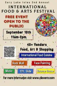 International Food & Arts Festival September 10th at Cory Lakes