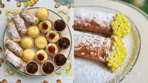 A plate of Italian desserts. an array of sugar coated cannoli are visible next to chocolate covered cookies