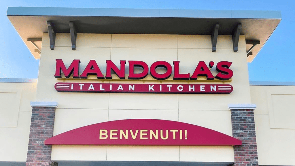 Exterior of a restaurant with red lettering on the outside.