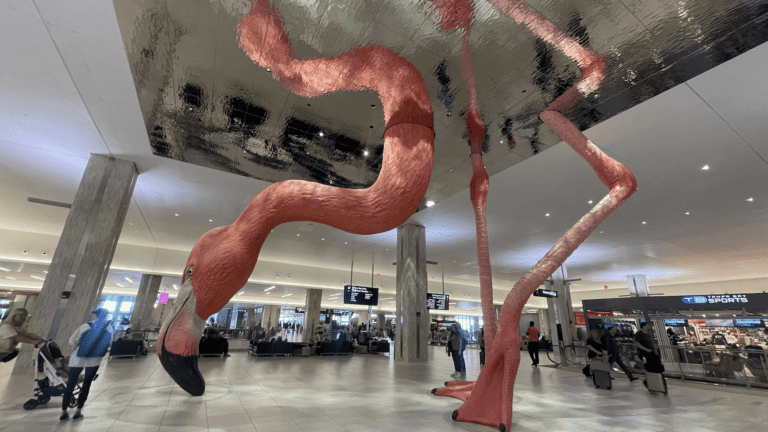 a giant flamingo sculpture