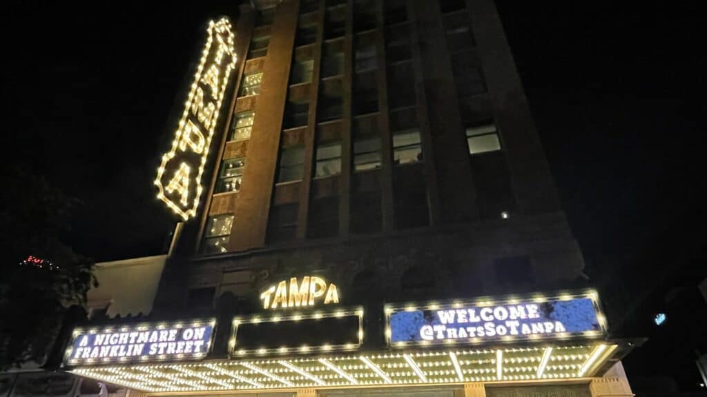 illuminated marquee at the Tampa Theatre.