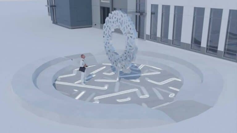 rendering of a wreath like sculpture on the grounds of a college campus