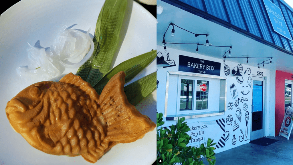 A fish shaped pastry and a pen and ink exterior of a small dessert cafe. 