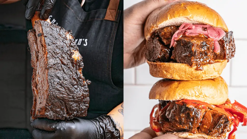 a stack of bbq sandwiches next to a giant, 5-pound rib