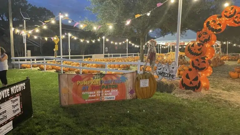 exterior of a pumpkin patch with an orange archway.