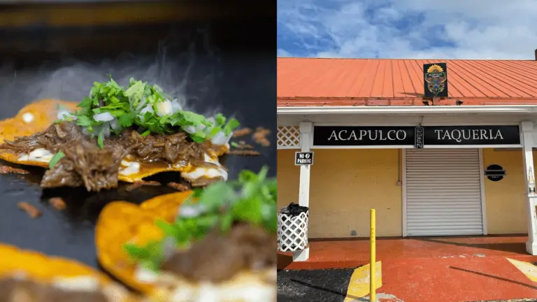 several tacos on a griddle. The exterior of a taqueria. A black and white sign is set above the entrance that reads Acapulco Taqueria