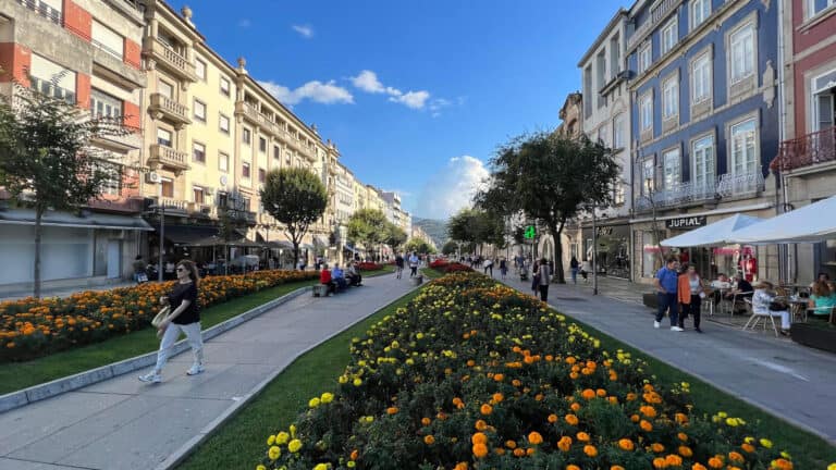 A garden of colorful flowers in the middle of the promenade in Braga, Portugal