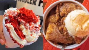 Red velvet and chocolate cobbler topped with ice cream