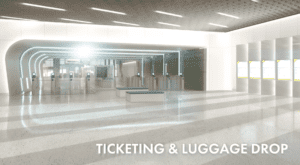 Rendering of ticketing and luggage drop area in a train station.