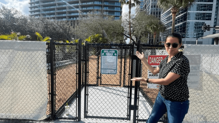 A woman stands in front of a new dog park with a chain link fence around it.