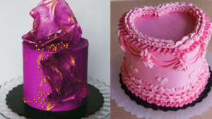 Two tall custom cakes with pink and purple icing.