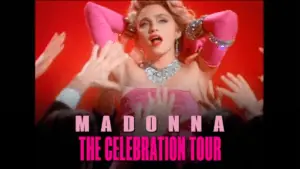 graphic for madonna on a red background.