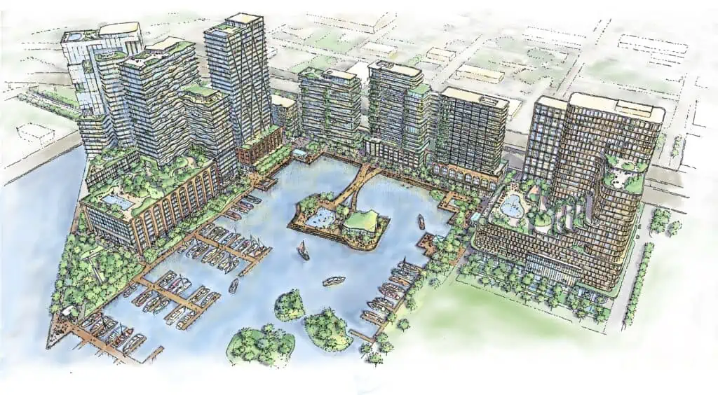 artist rendering of a large waterfront downtown area with boat slips and boardwalk and tall residential buildings 