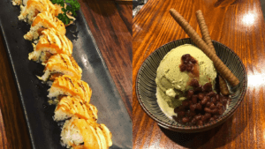 A plate of fried sushi rolls next to a bowl of green matcha ice cream.