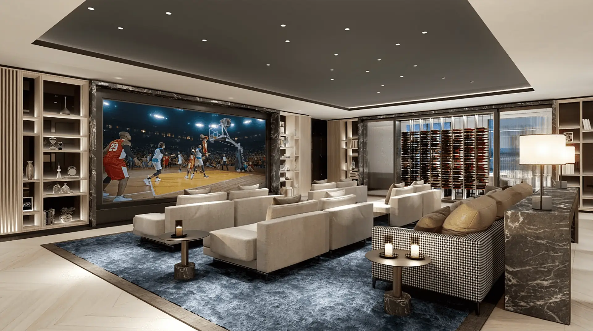 a rendering of a large in-home theater with reclining seats, blue carpeting, and shelves of media. 