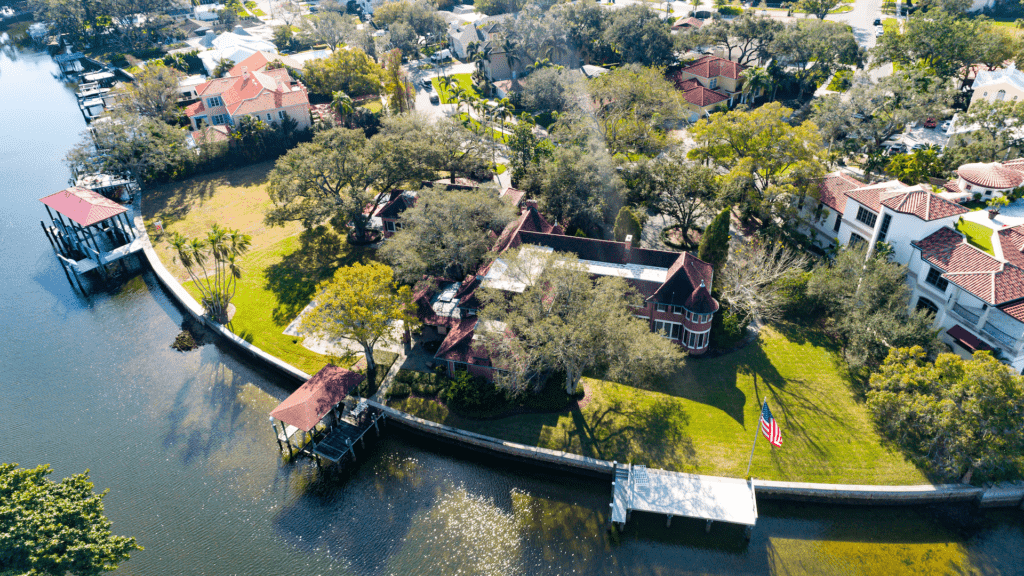 aerial view of a waterfront home.
