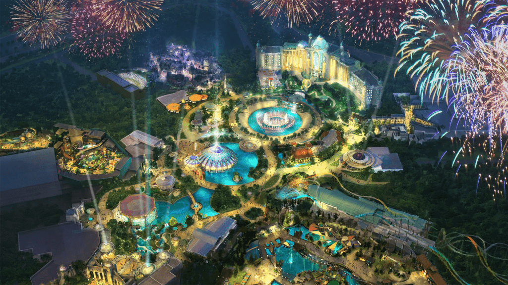 aerial rendering of a large theme park 