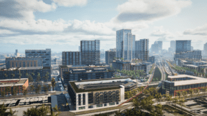 Rendering of a new skyline in Ybor City. Tall glass buildings can be seen in the distance.