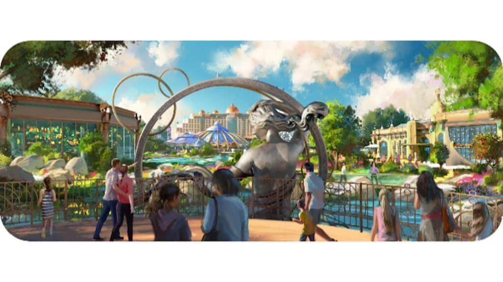 artist rendering of a large park with a fountain at the center