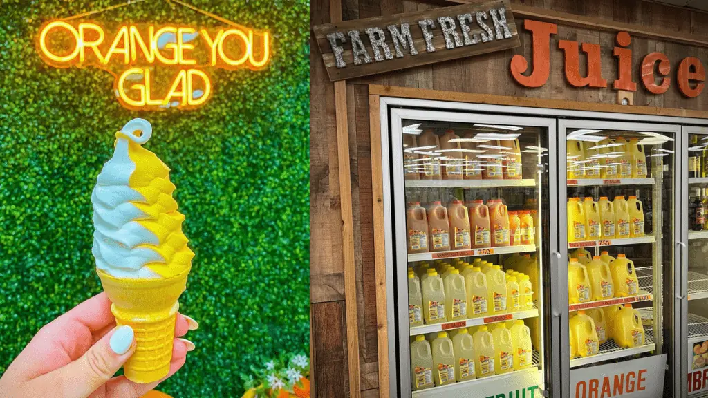 A cone filled with soft serve ice cream - a mix of light blue and bright orange ice cream is photographed in front of an ivy wall with an orange neon sign in the background. The right of the photo features refrigerators filled with gallon jugs of orange juice. 