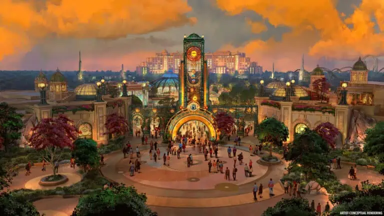 rendering of a giant theme park at sunset