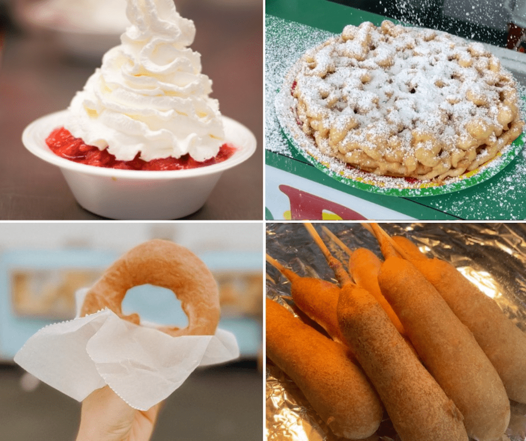 Array of fried desserts featuring corndogs, donuts, a bowl of strawberry ice cream and a fried pie. 