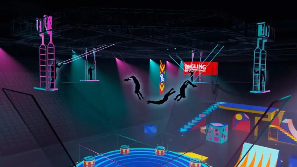 rendering of trapeze artists performing above a circus ring