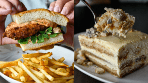 A fried chicken sandwich on thick bread held over a plate of golden fries. A slice of tiramisu cake with a spoon going into the cake.