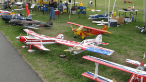 Multiple toy planes arranged on a lawn.