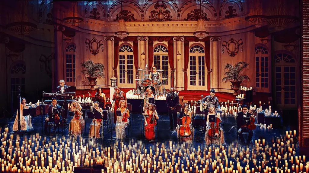 An orchestra on a stage surrounded by candles