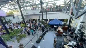 A view from the top of a concert venue with an open roof