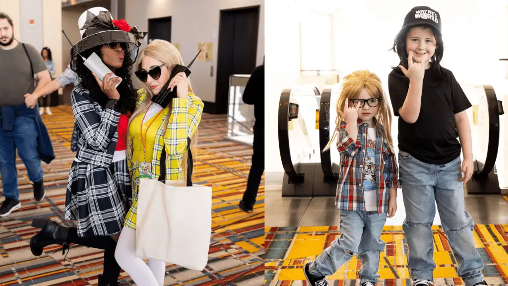 4 people dressed in costumes from Clueless and Waynes World at a big convention