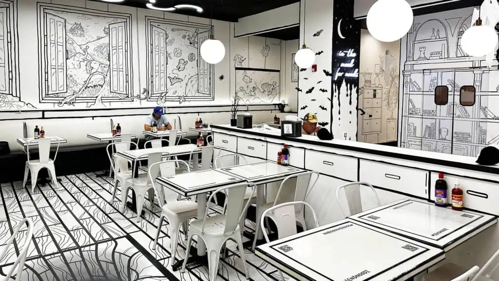 interior of a 2-D illustrated restaurant
