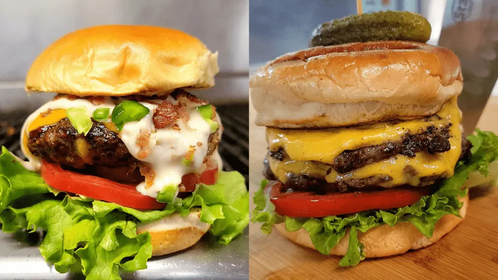 Two double cheeseburgers covered in cheese