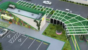 rendering of a drive thru restaurant with two drive-thru lanes with a green shade over it.