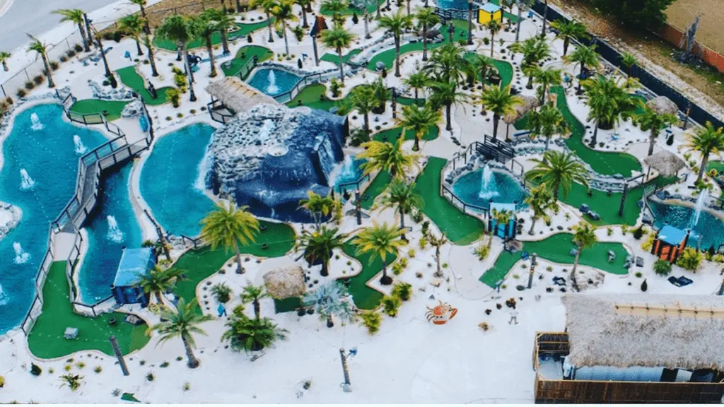 aerial view of a tropical themed mini golf course
