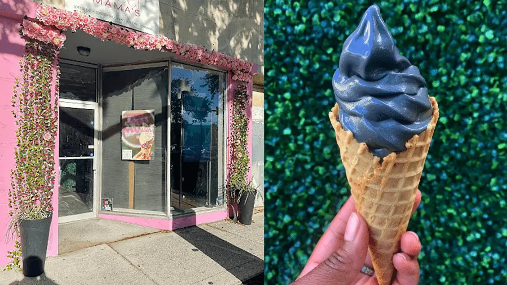 Exterior of an ice cream shop covered in flowers and greenery. Soft serve ice cream held up in front of an ivy covered wall in a waffle cone