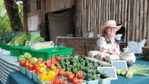 a person at a farm stand surrounded by fresh produce
