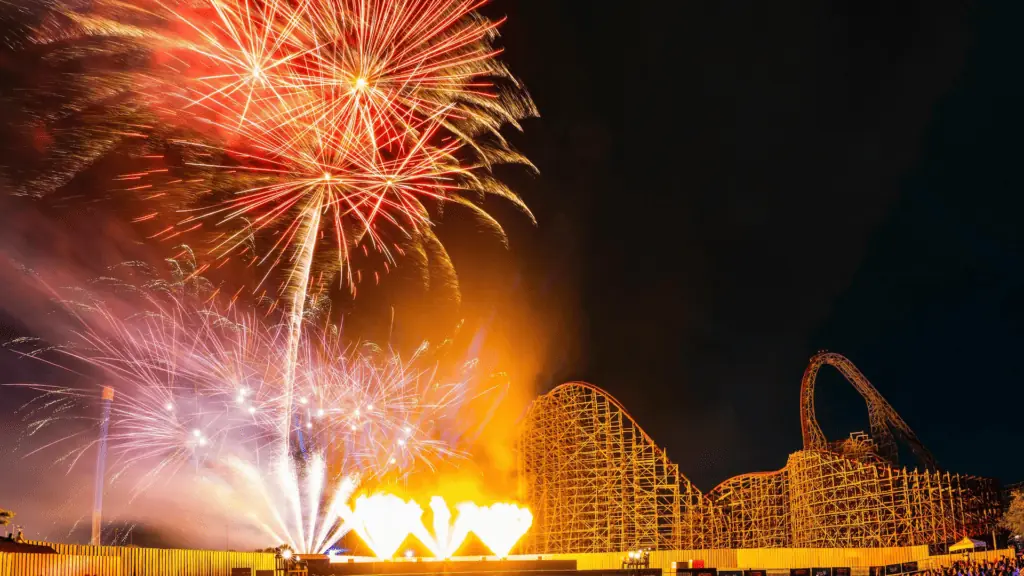 fireworks over a large roller coaster at Busch Gardens in Tampa