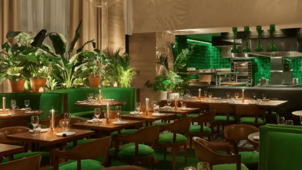 rendering of a restaurant with greenery all around