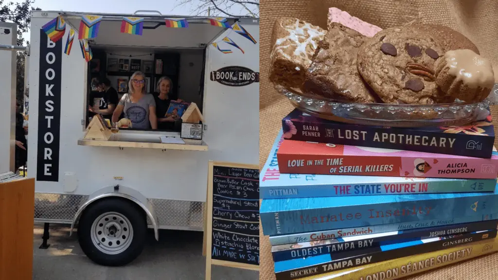 a bookmobile with a stack of books topped with pastries 