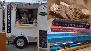 a bookmobile with a stack of books topped with pastries