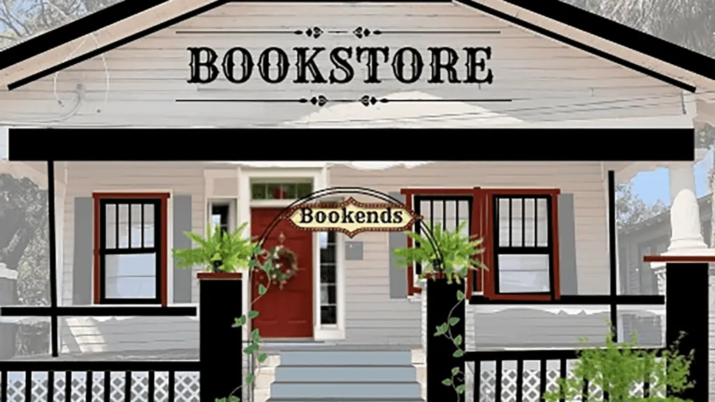 rendering of a bookstore situated inside a historic home