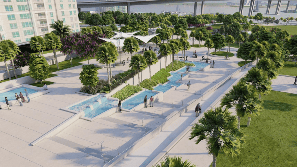 rendering of a large sidewalk with fountains and palm trees