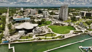aerial shot of a waterfront park