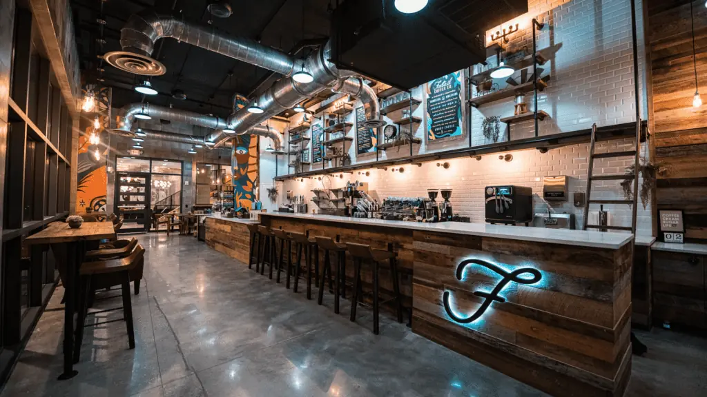 A coffee bar with bags of beans behind the counter