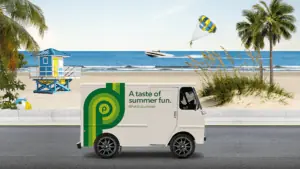 Rendering of a small ice c ream truck set against a beach background