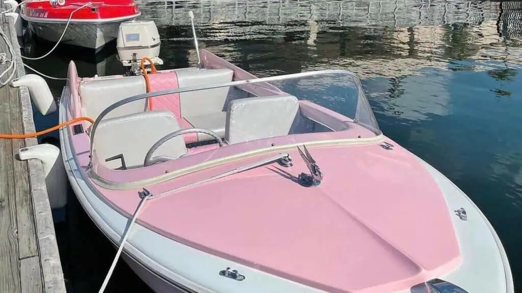 Mini pink powerboat floating in the water.