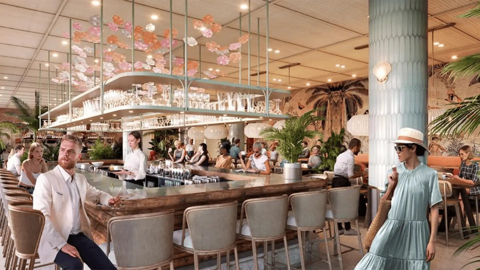 Rendering inside a restaurant with a floral arrangement above the bar